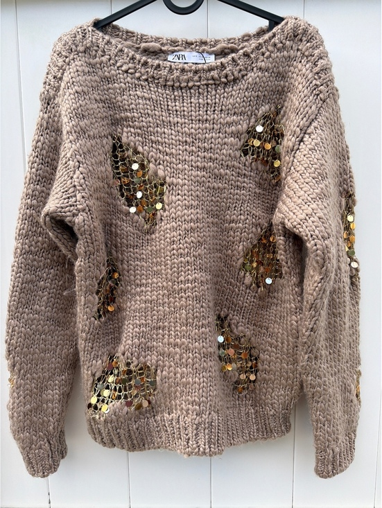Zara Sweaters - Zara Women's Size S Taupe Chunky Knit Gold Sequin Detail Crew Neck Sweater